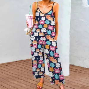 Cartoon Cat Pattern Suspender Jumpsuit LTY007 (All-Over Printing), Cute jumpsuit for Cat lovers