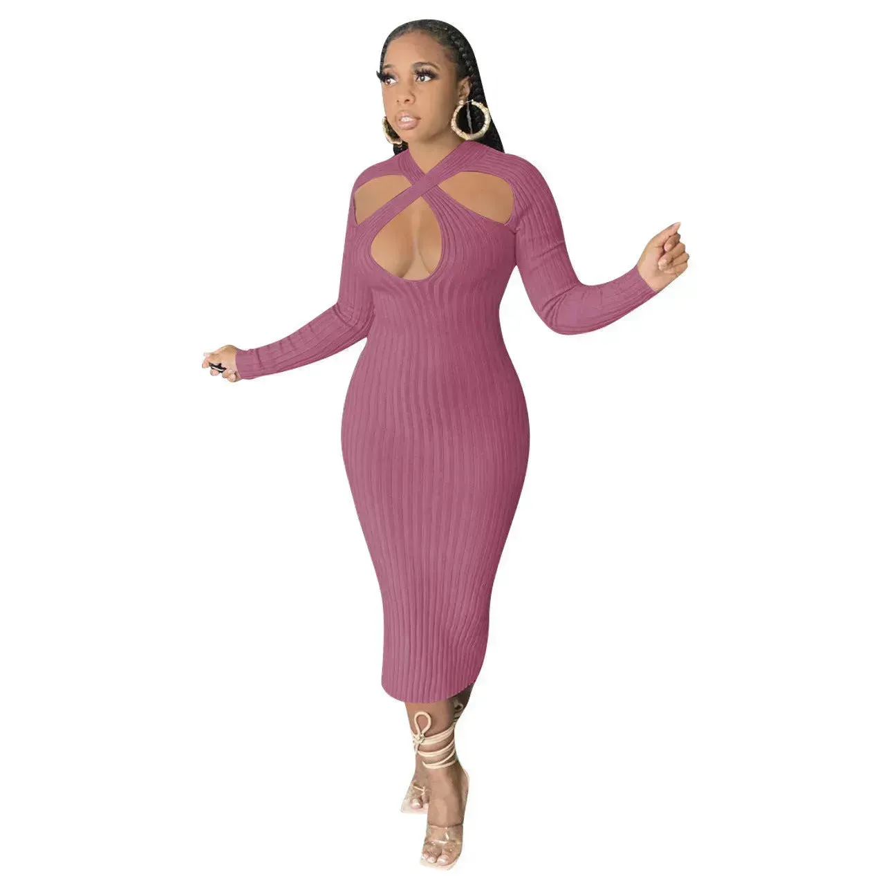 Chic V-neck Long Sleeve  Midi  Party Club Bodycon Pencil Dress