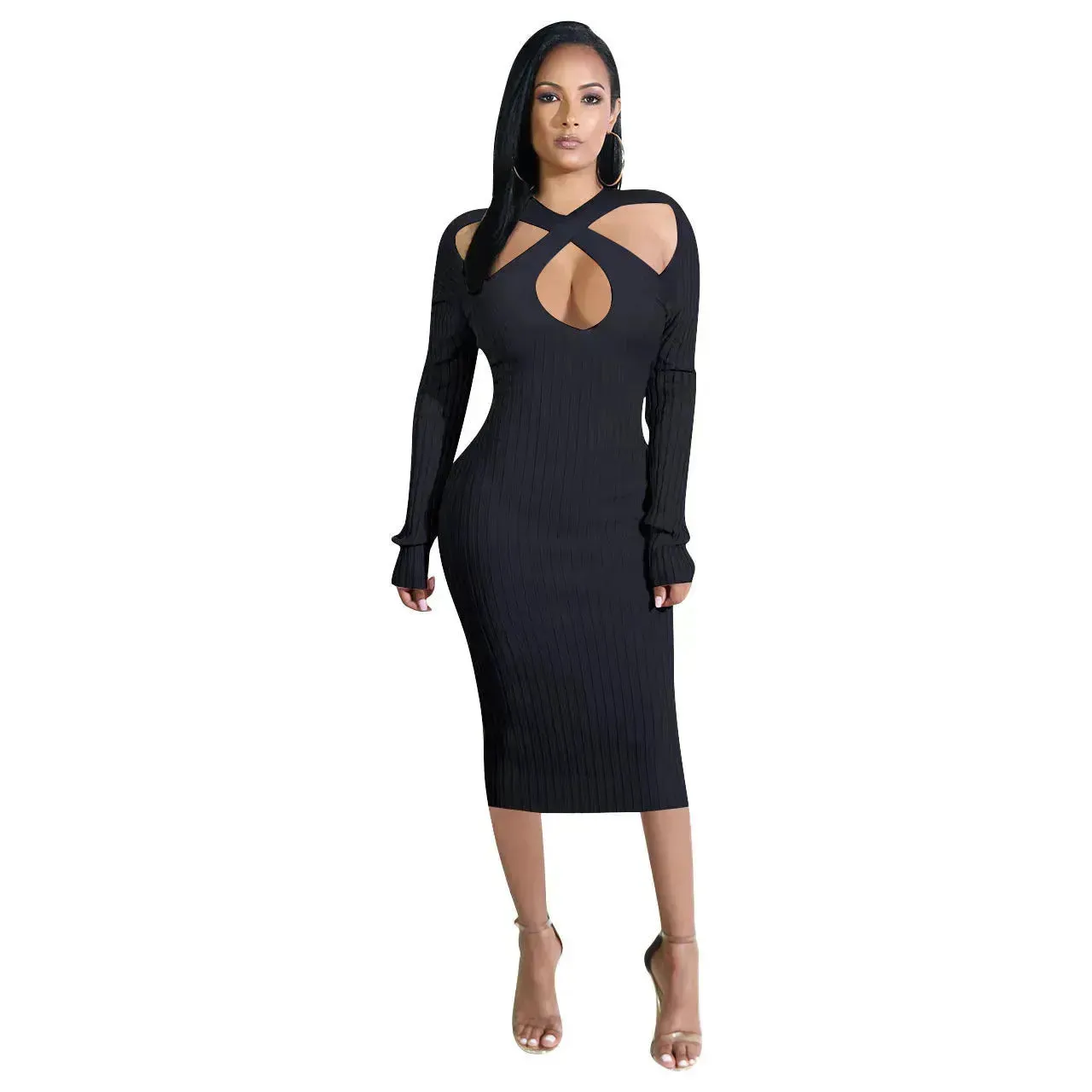 Chic V-neck Long Sleeve  Midi  Party Club Bodycon Pencil Dress