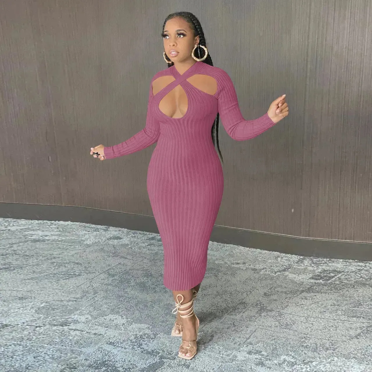 Chic V-neck Long Sleeve  Midi  Party Club Bodycon Pencil Dress