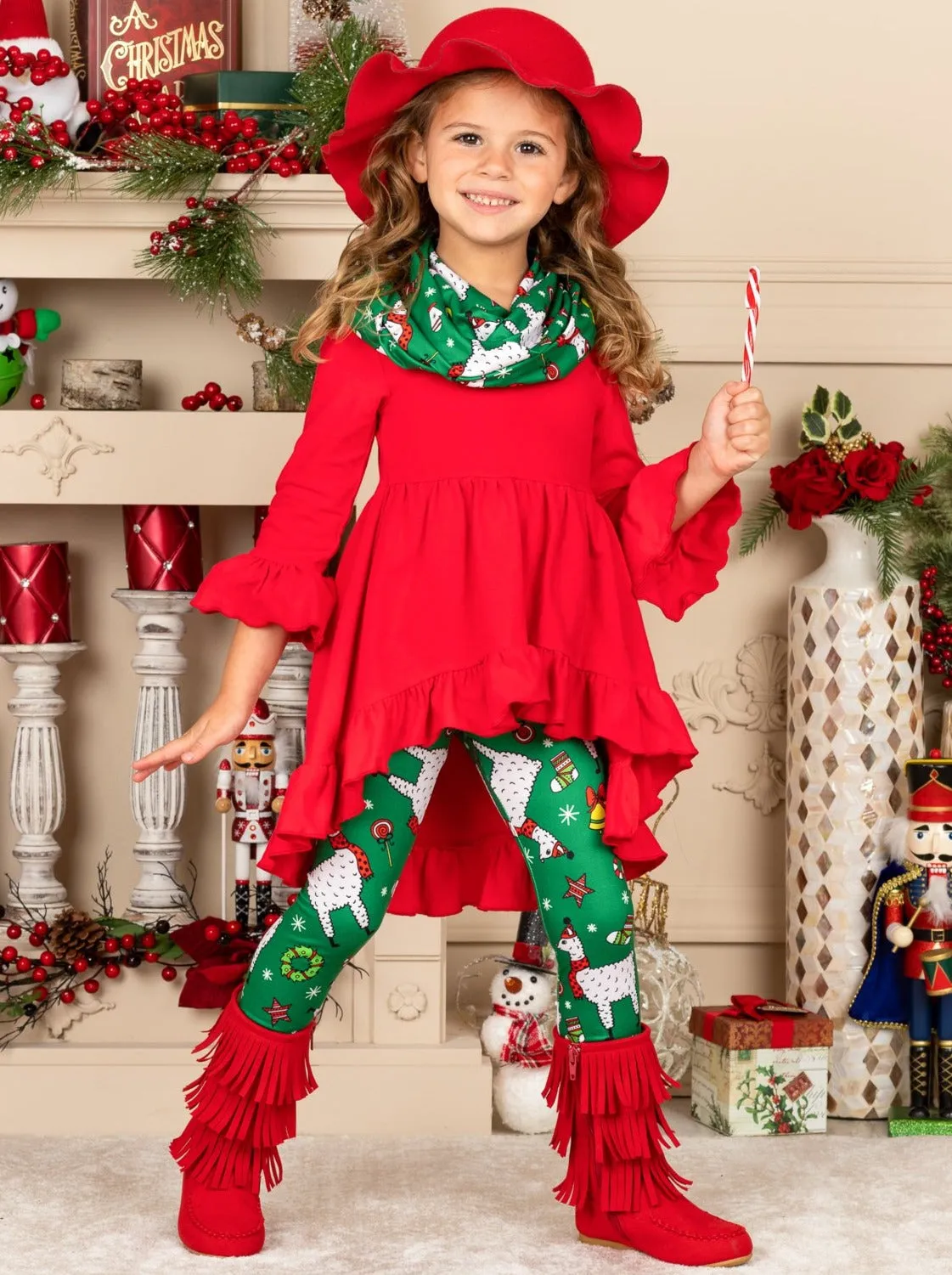 Christmas Llama Tunic, Scarf, and Legging Set