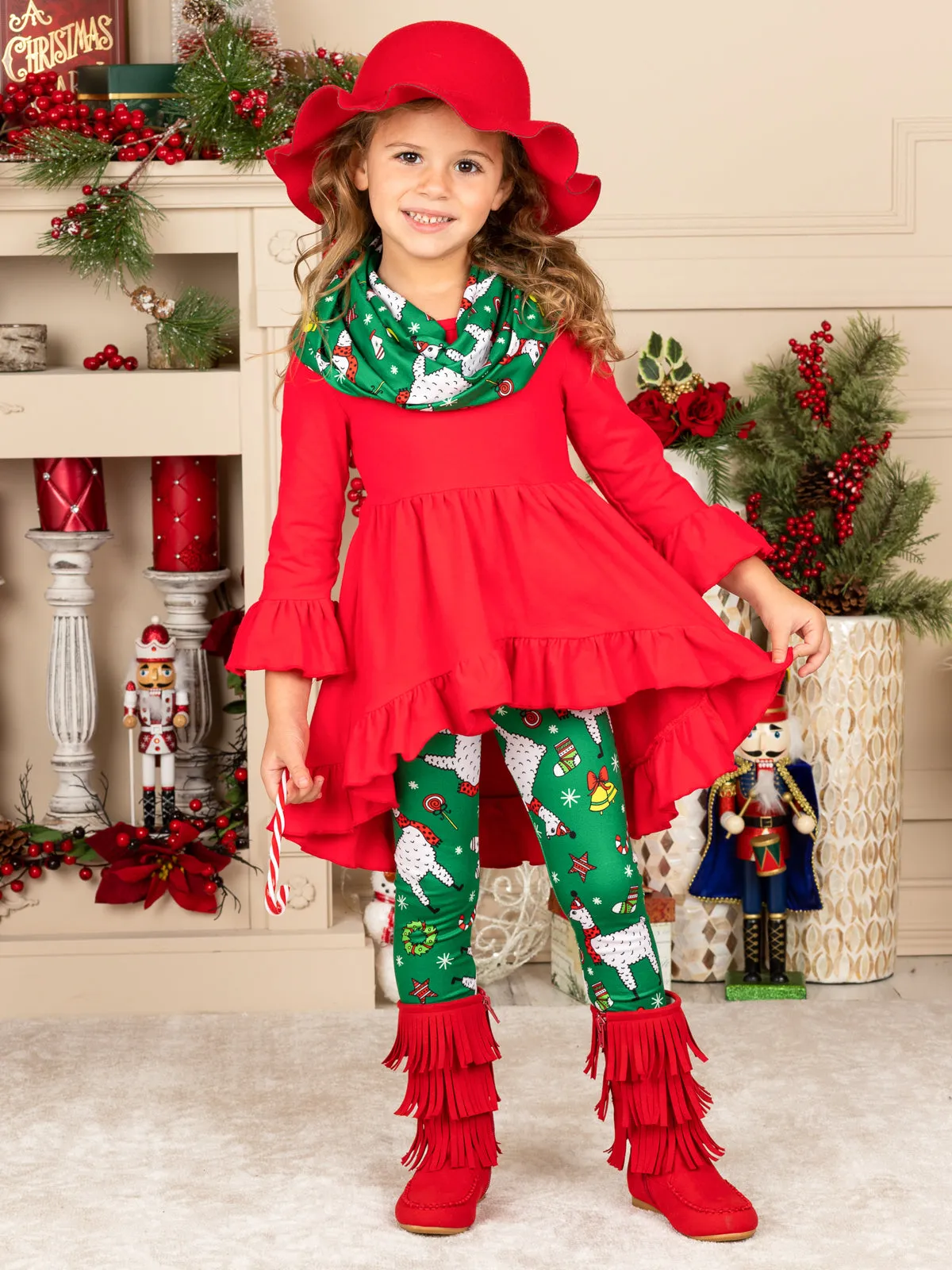 Christmas Llama Tunic, Scarf, and Legging Set