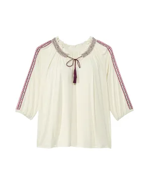 Clarissa 3/4 Sleeve Smock Neck Balloon Sleeve Top | White / Pink