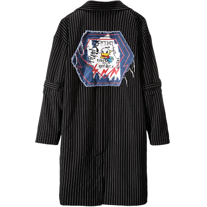 Color Block Striped Print Denim Patchwork Buckle Trench Coat