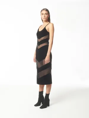 Contrast Tulle and Velvet Panel Midi Dress in Black