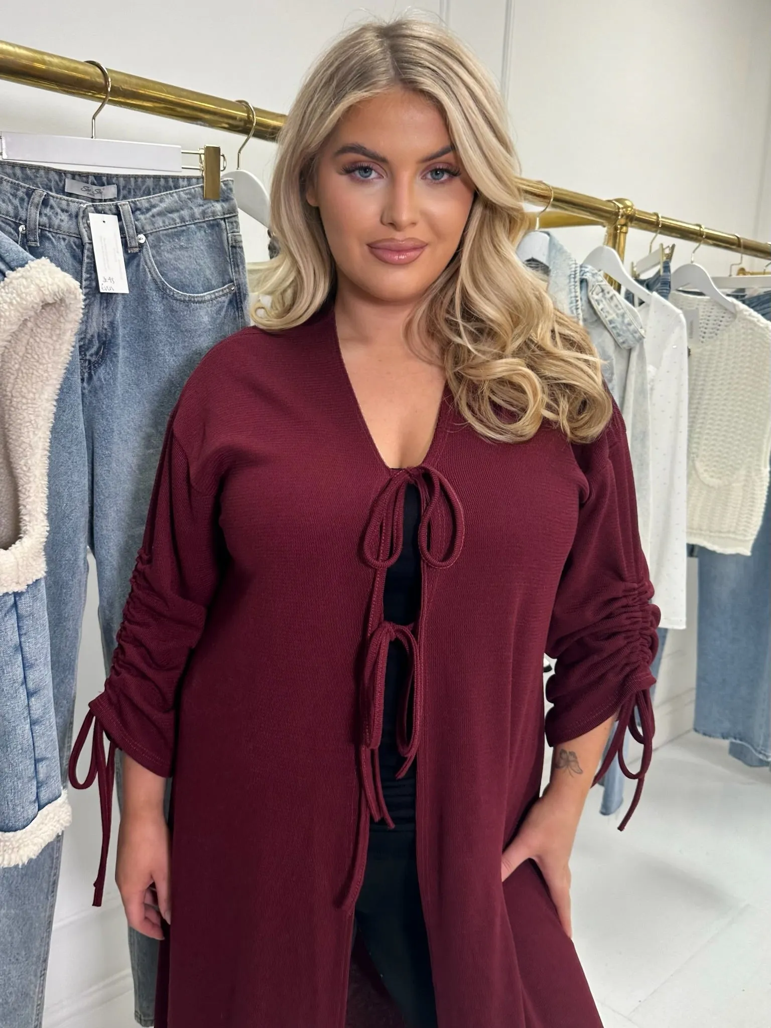 Coral Burgundy Tie-up Ruched Sleeve Cardigan