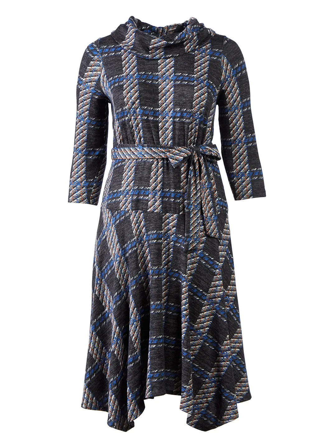 Cowl Neck Plaid Fit-And-Flare Sweater Dress