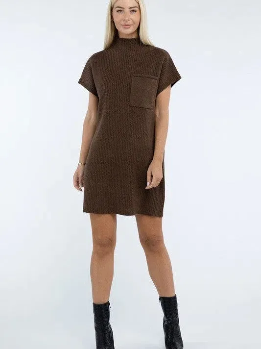 Crafted for Comfort Mock Neck Short Sleeve Sweater Dress with Pocket