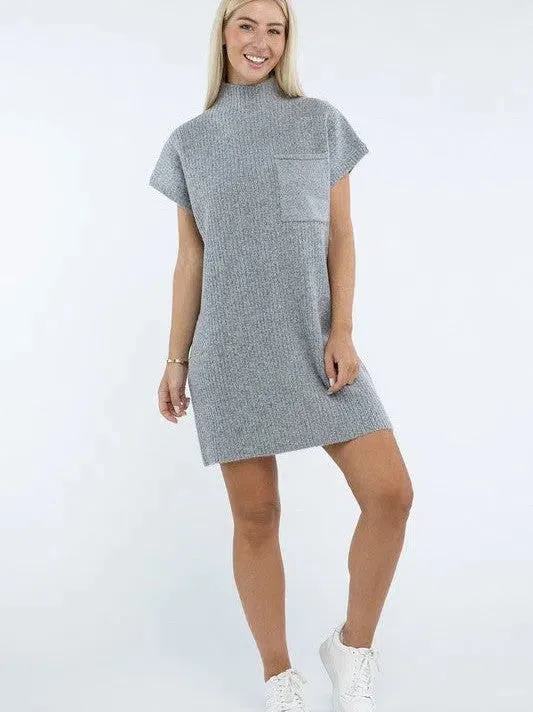 Crafted for Comfort Mock Neck Short Sleeve Sweater Dress with Pocket