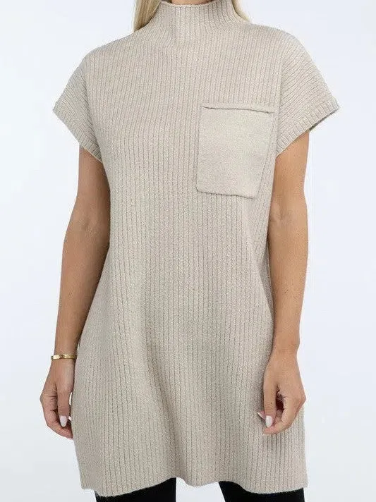 Crafted for Comfort Mock Neck Short Sleeve Sweater Dress with Pocket