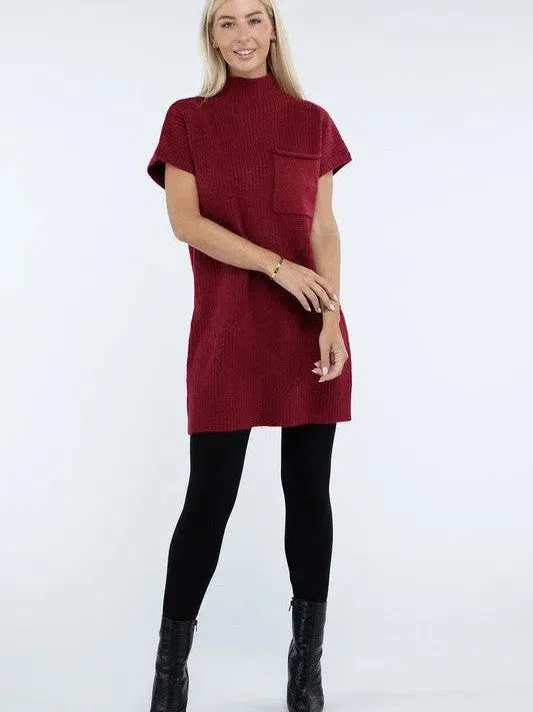 Crafted for Comfort Mock Neck Short Sleeve Sweater Dress with Pocket