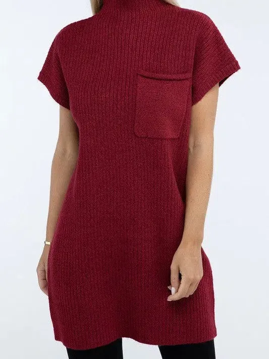 Crafted for Comfort Mock Neck Short Sleeve Sweater Dress with Pocket