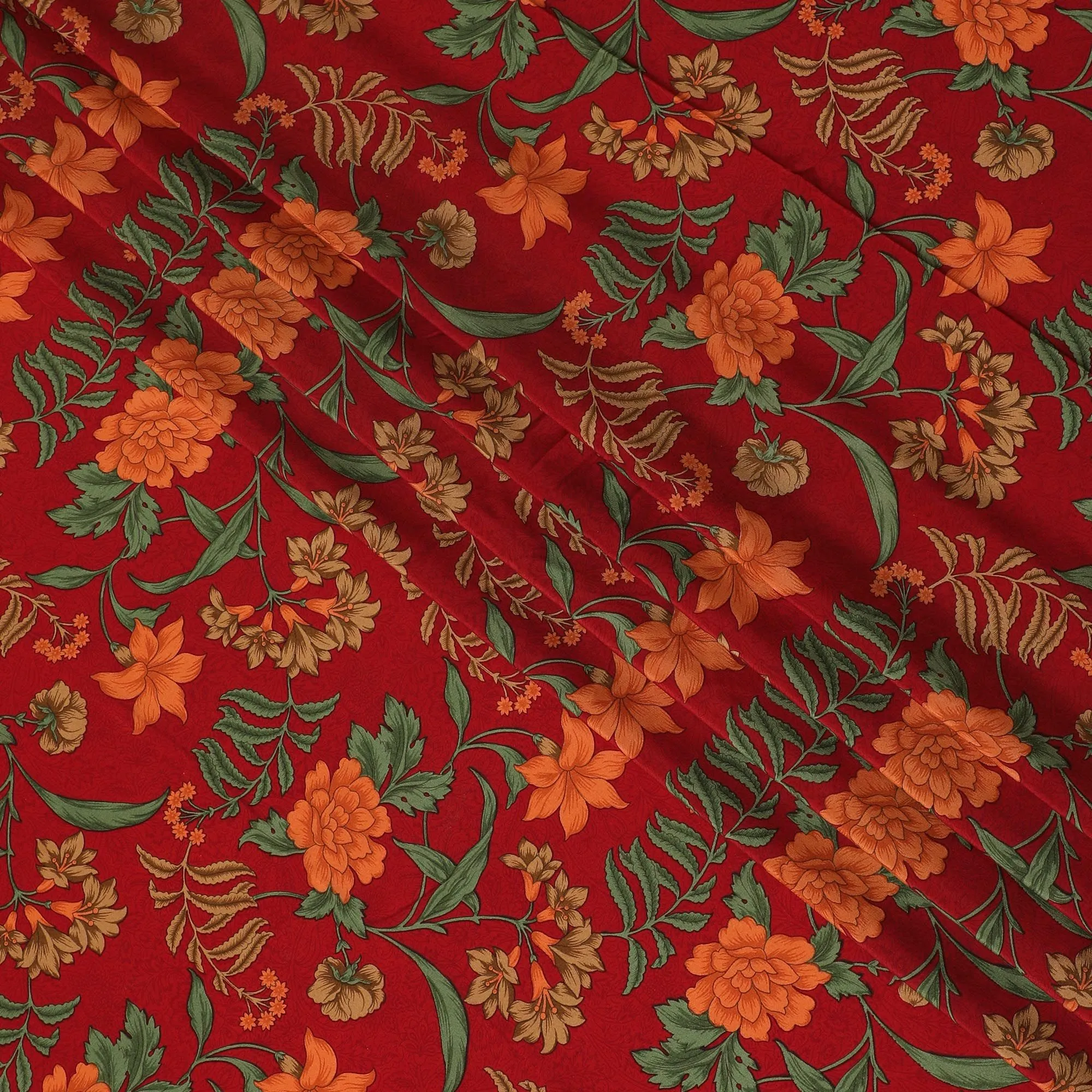 Crimson red Premium pure silk crepe fabric with multicolor print in floral design-D16688