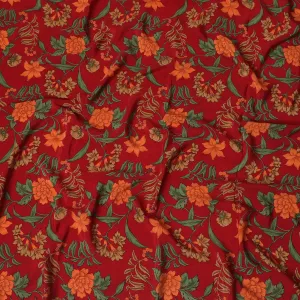 Crimson red Premium pure silk crepe fabric with multicolor print in floral design-D16688