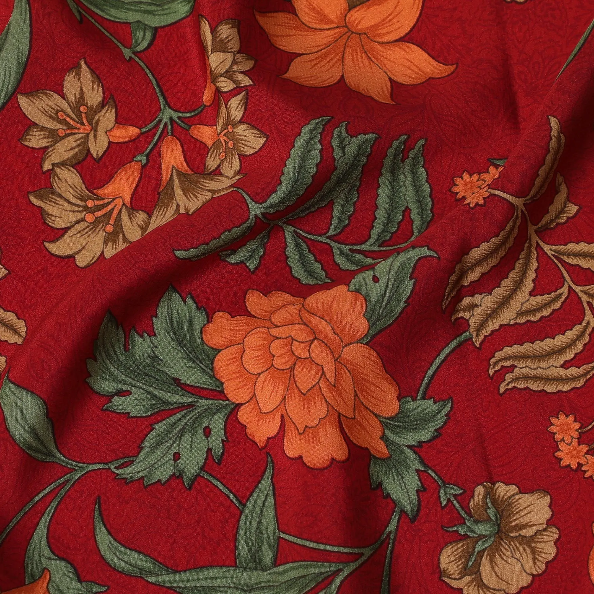 Crimson red Premium pure silk crepe fabric with multicolor print in floral design-D16688