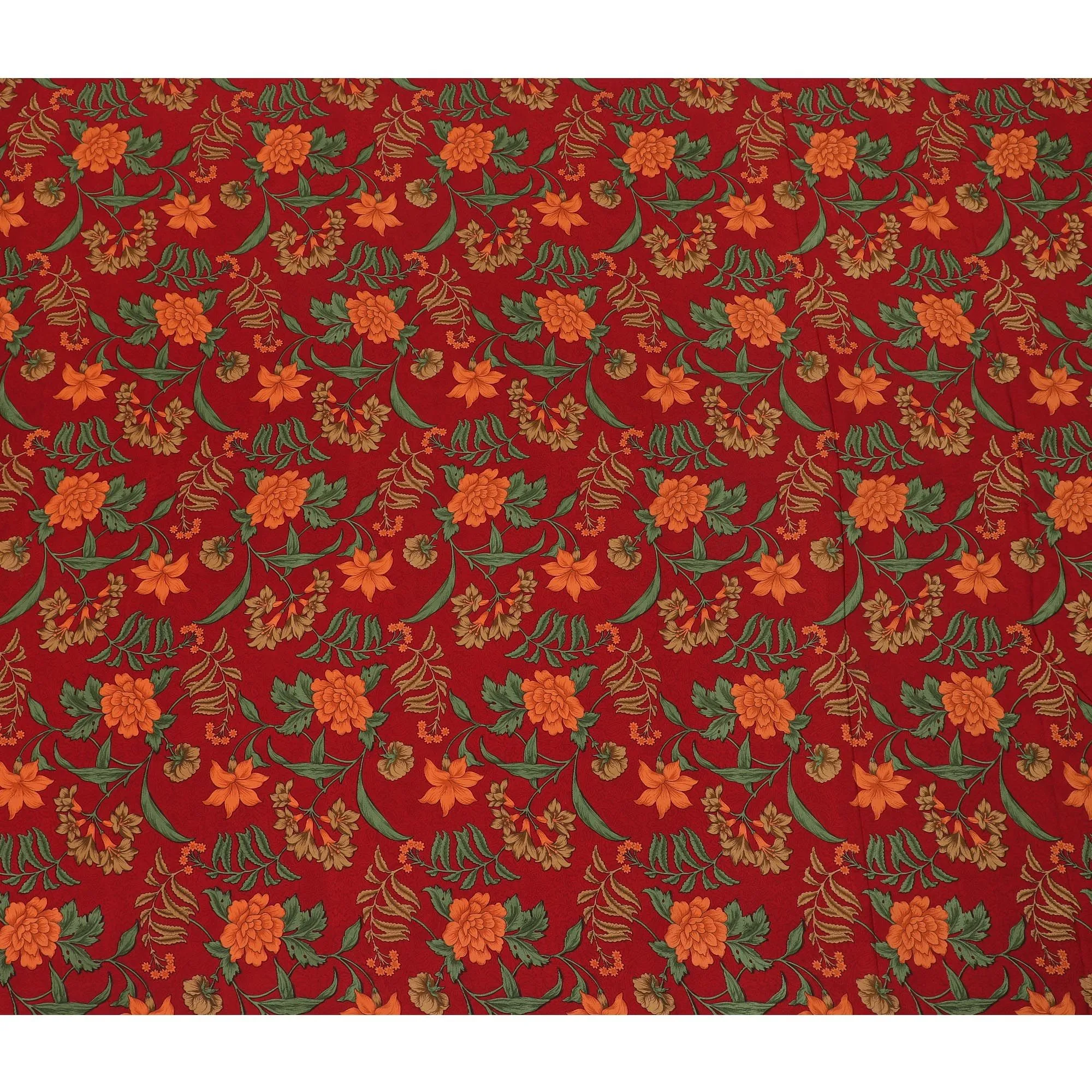 Crimson red Premium pure silk crepe fabric with multicolor print in floral design-D16688