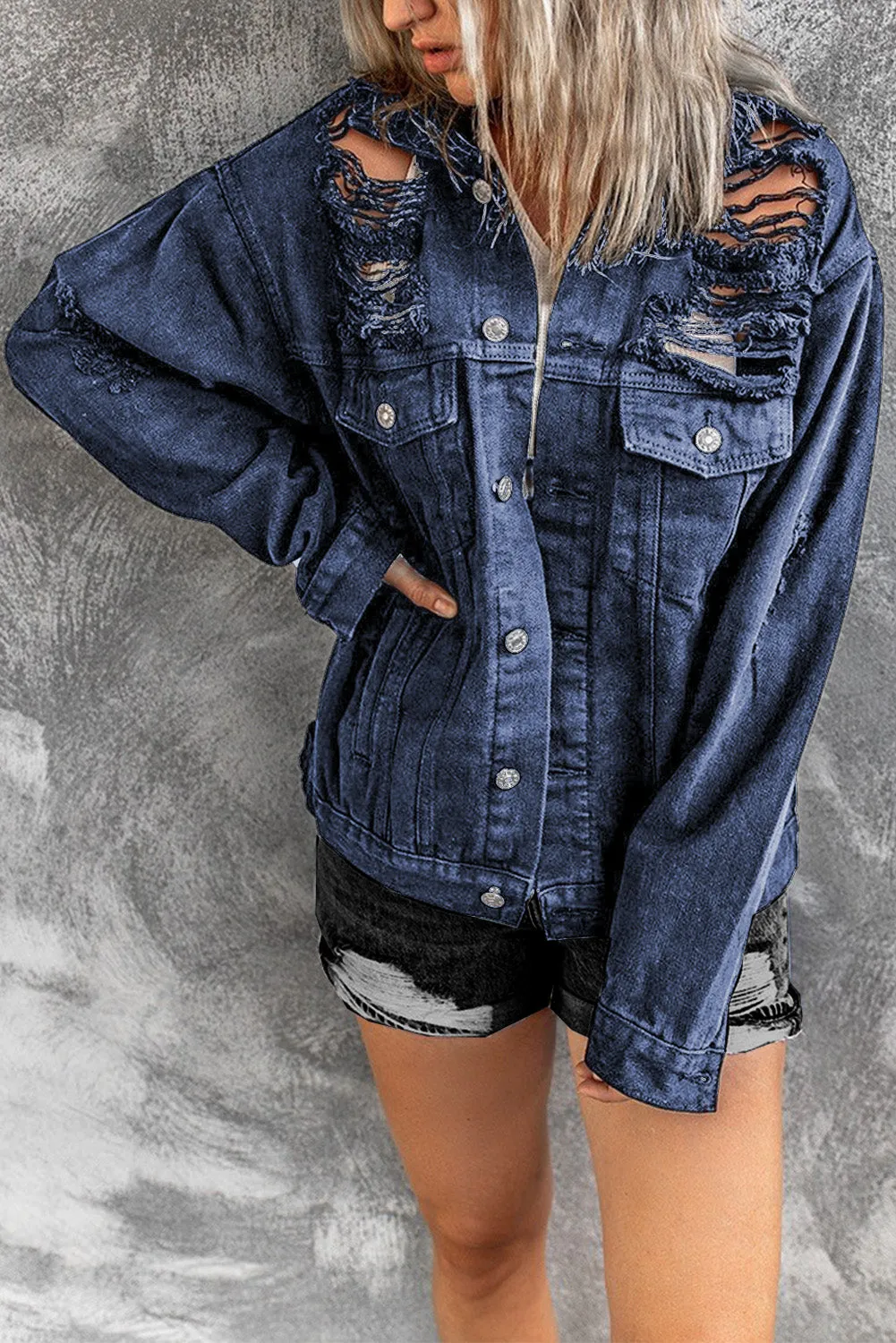 Distressed Buttons Chest Pockets Denim Jacket