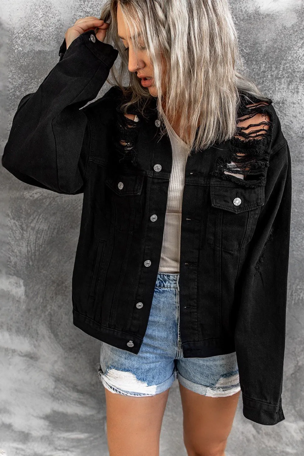 Distressed Buttons Chest Pockets Denim Jacket