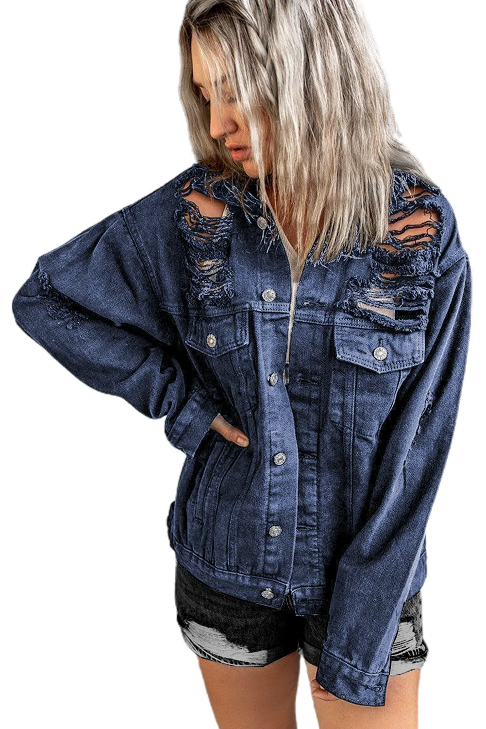 Distressed Buttons Chest Pockets Denim Jacket