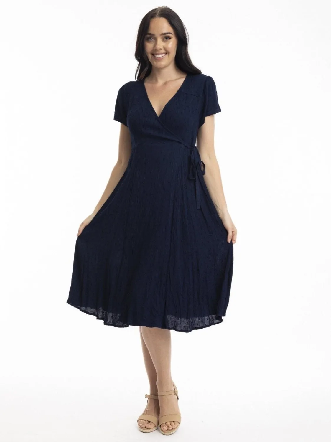 Dobby Mock Wrap Dress in Navy