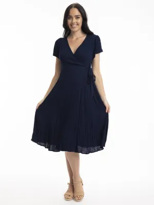 Dobby Mock Wrap Dress in Navy