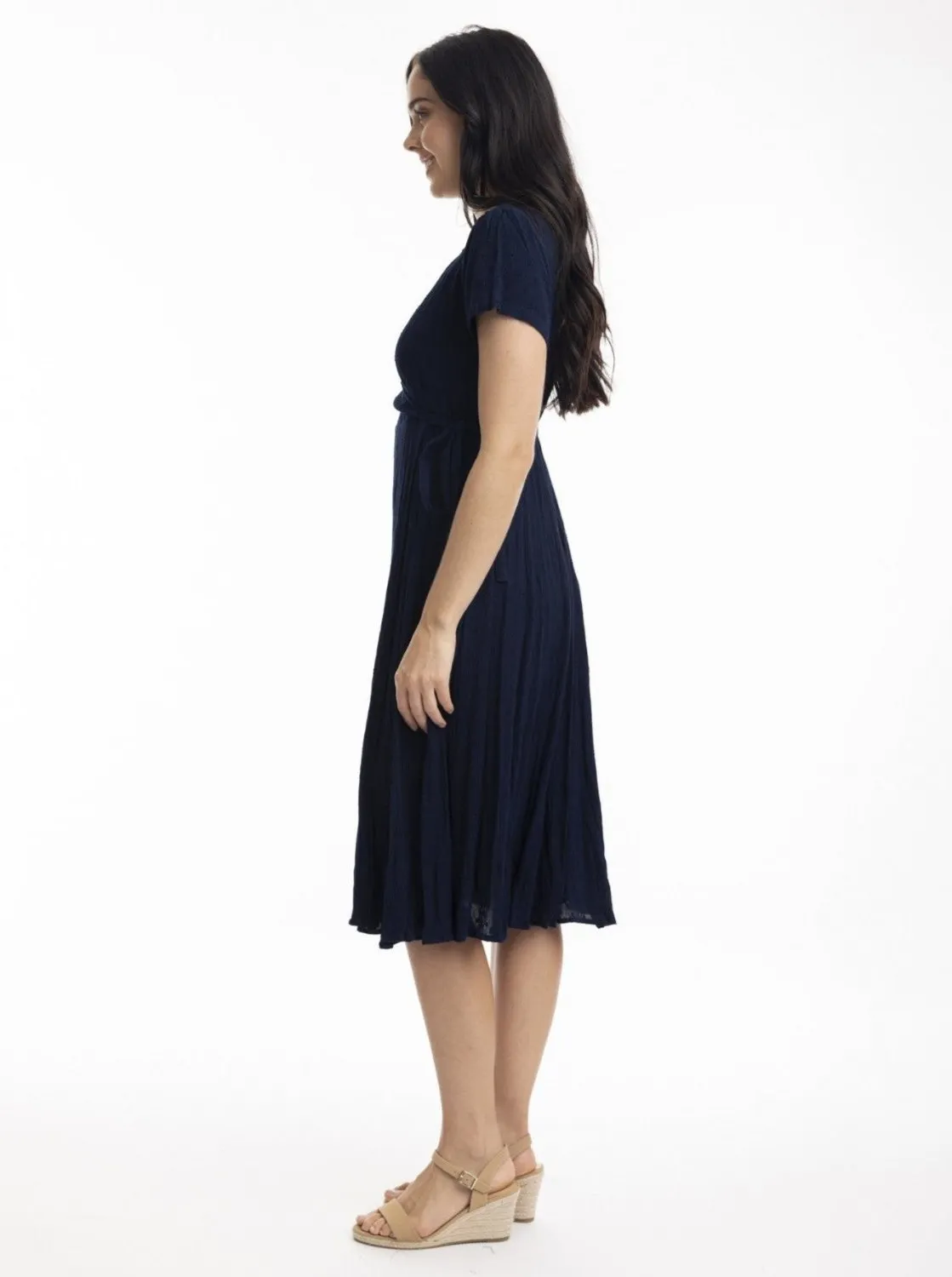 Dobby Mock Wrap Dress in Navy