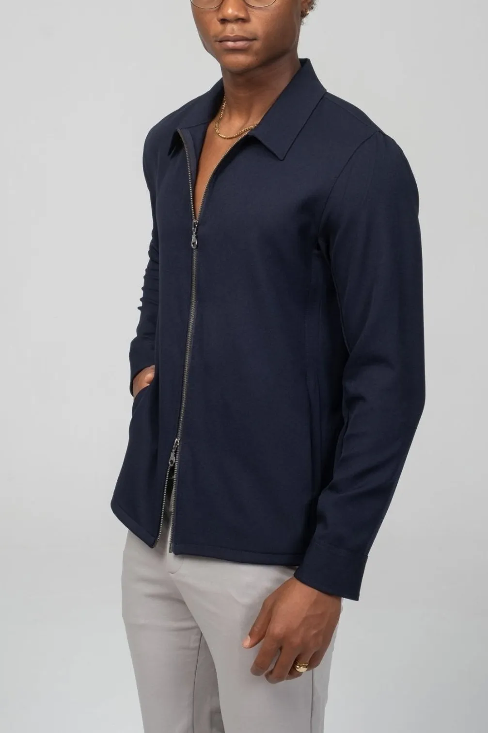 Double Zipper Closure Lightweight Shacket - Navy