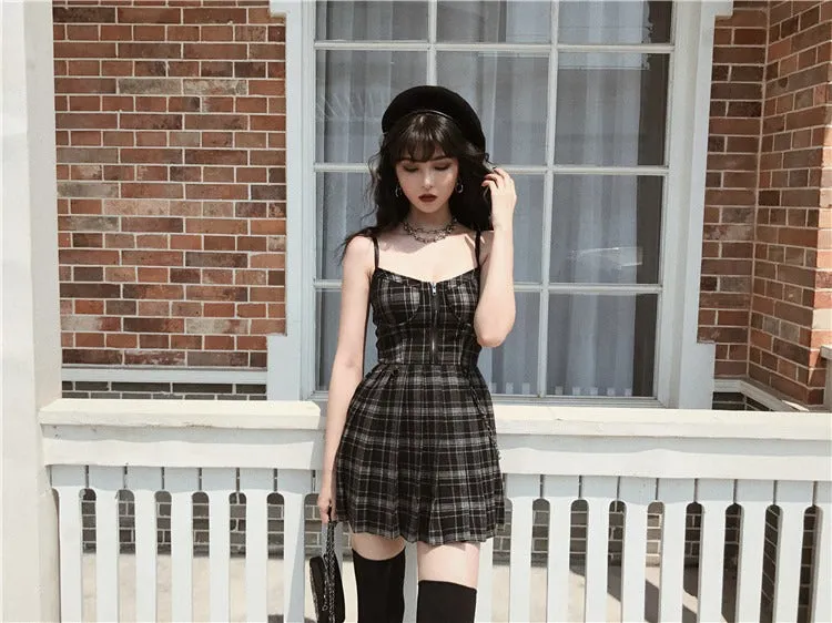 Edgy Plaid Zipper Chain Pleated Slip Dress