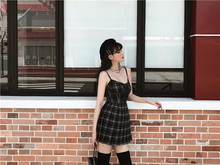 Edgy Plaid Zipper Chain Pleated Slip Dress