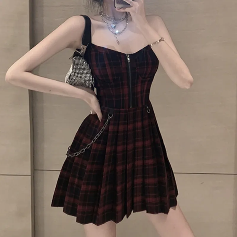 Edgy Plaid Zipper Chain Pleated Slip Dress