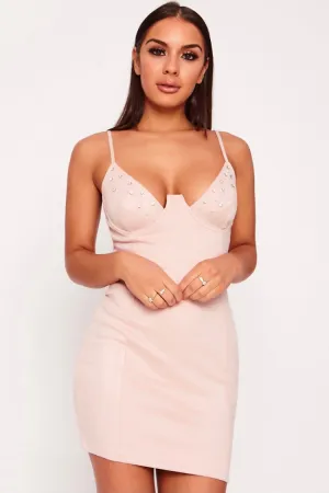 Embellished Pearl / Diamante Bodycon  Suede Dress Pink