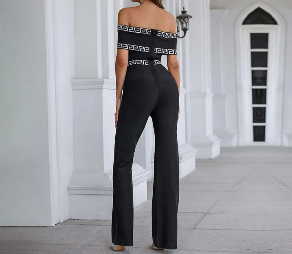 FABIANE Off Shoulder Short Sleeve Patterned Bandage Jumpsuit