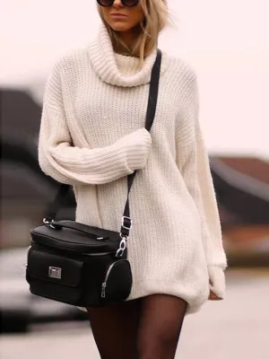 Fashion Casual Solid Color High Neck Knitted Dress