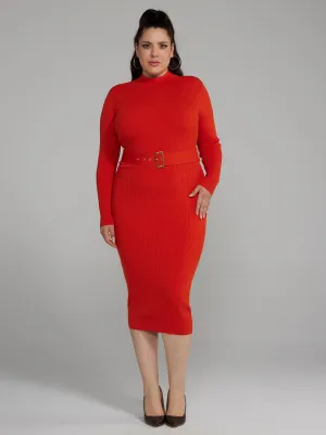 Fashion To Figure - Ribbed Knit Belted Sweater Dress