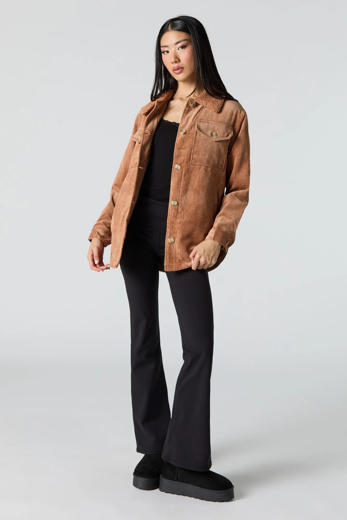 Faux Fur Collared Corduroy Shacket