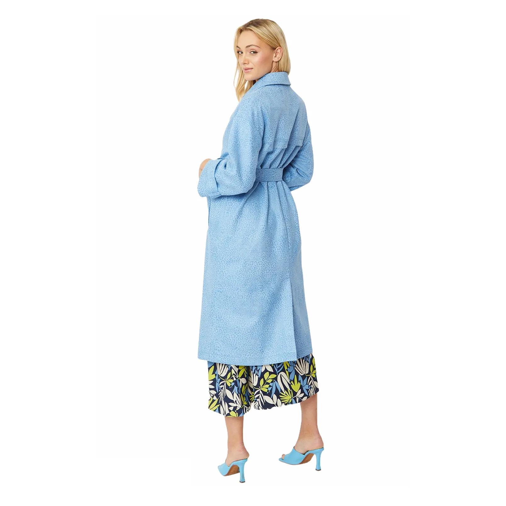 Faux Suede Animal Print Trench Coat Blue