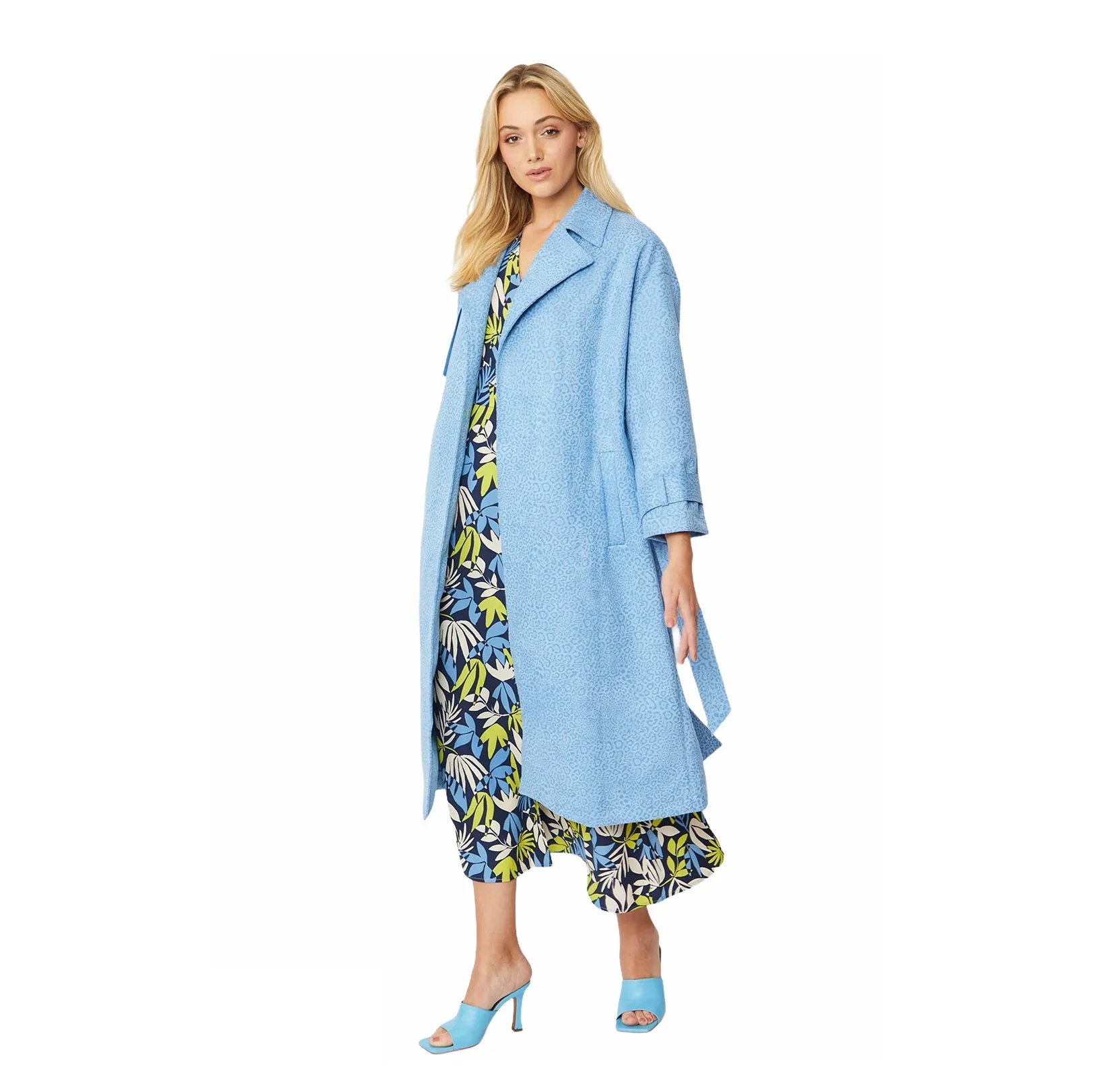 Faux Suede Animal Print Trench Coat Blue