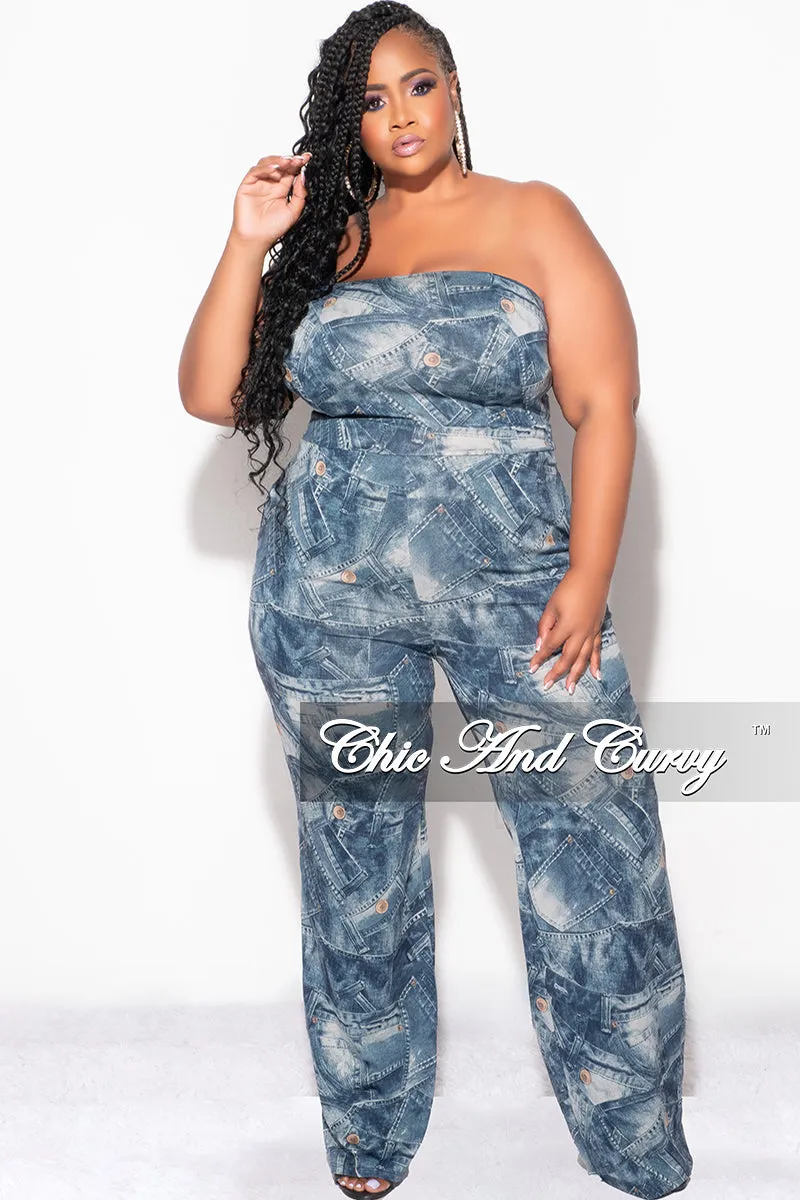 Final Sale Plus Size Zip Tie Jumpsuit in Faux Denim Print