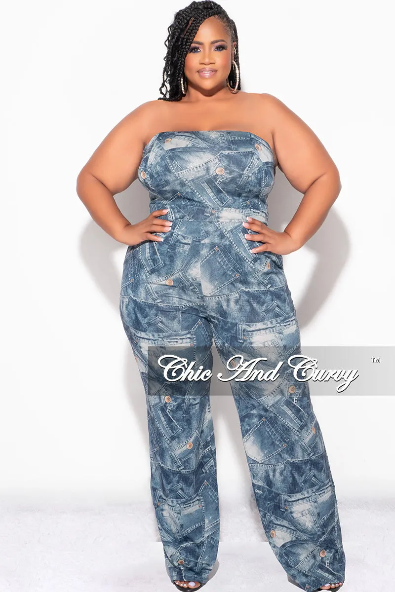 Final Sale Plus Size Zip Tie Jumpsuit in Faux Denim Print