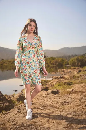 Floral Full Sleeve Side Knot Wrap Dress