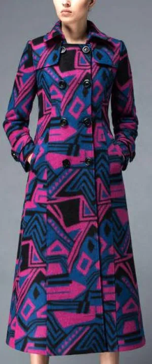 Geometric Print Wool Trench Coat