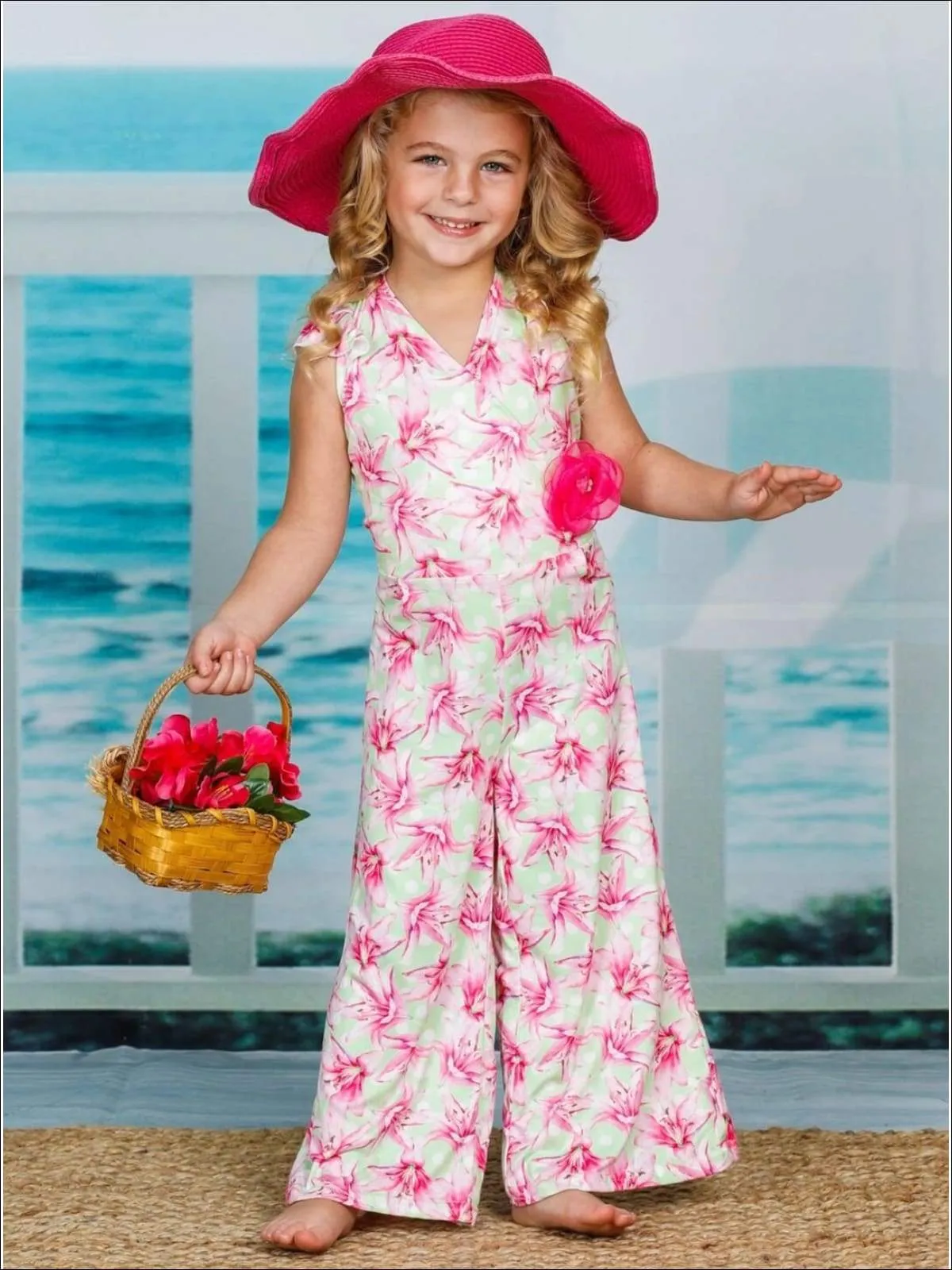 Girls Cap Sleeve Faux Wrap Palazzo Jumpsuit With Flower Clip