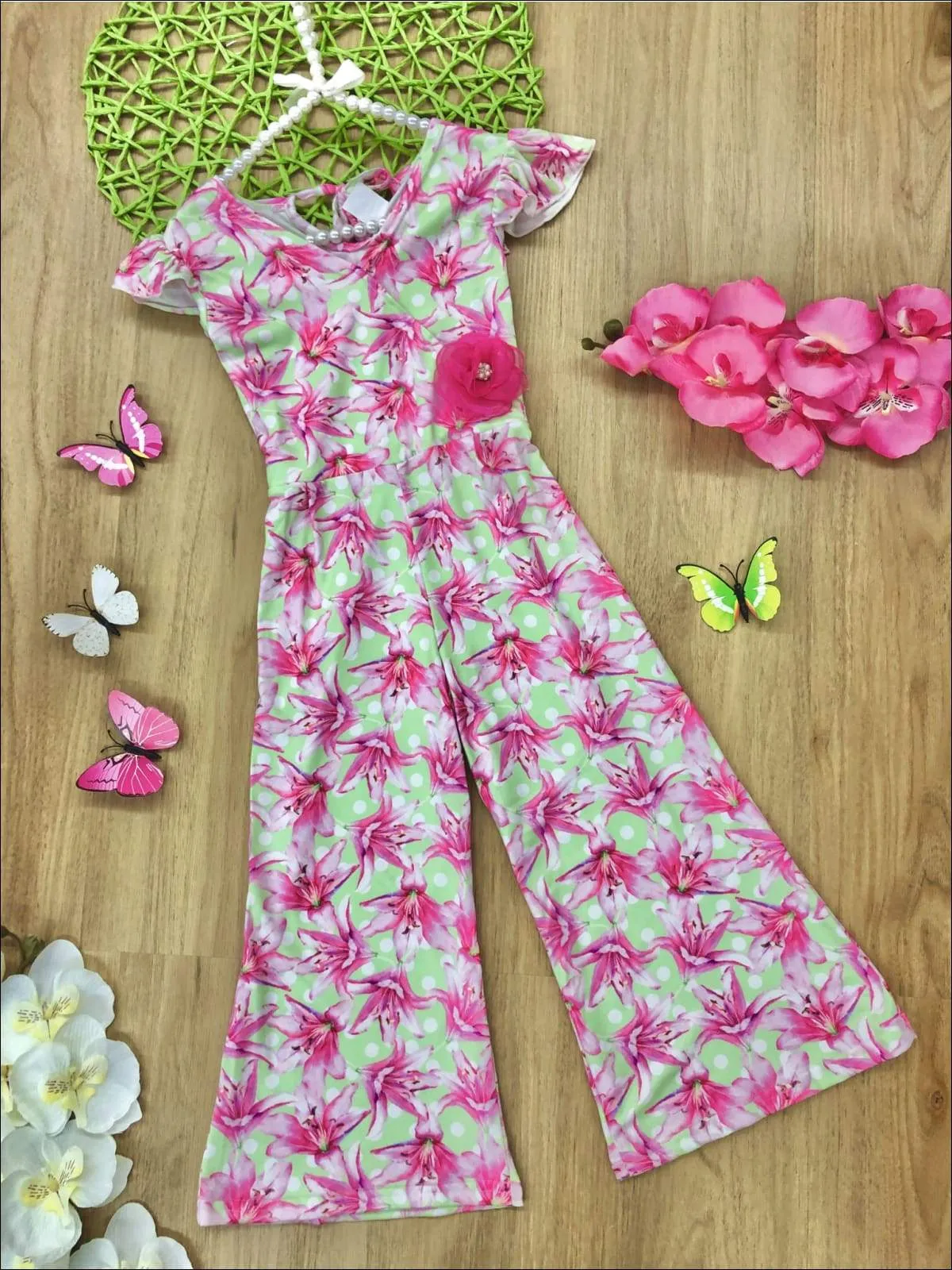 Girls Cap Sleeve Faux Wrap Palazzo Jumpsuit With Flower Clip