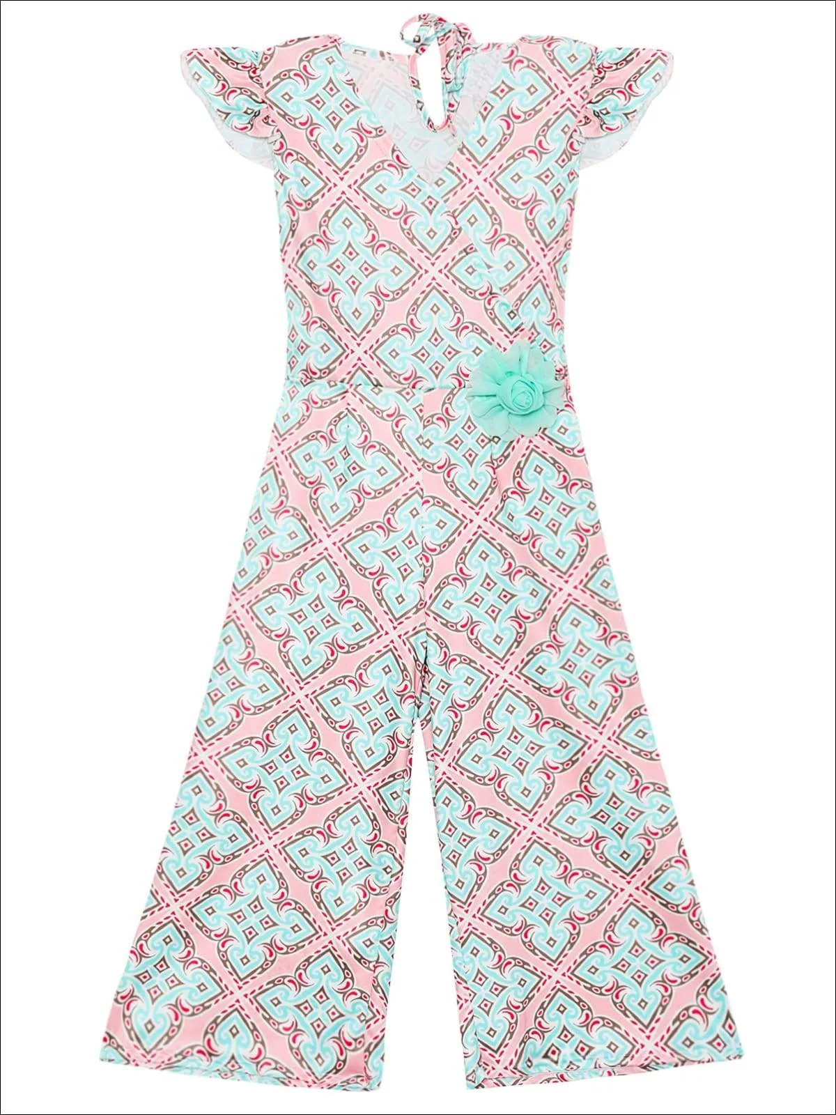 Girls Cap Sleeve Faux Wrap Palazzo Jumpsuit With Flower Clip