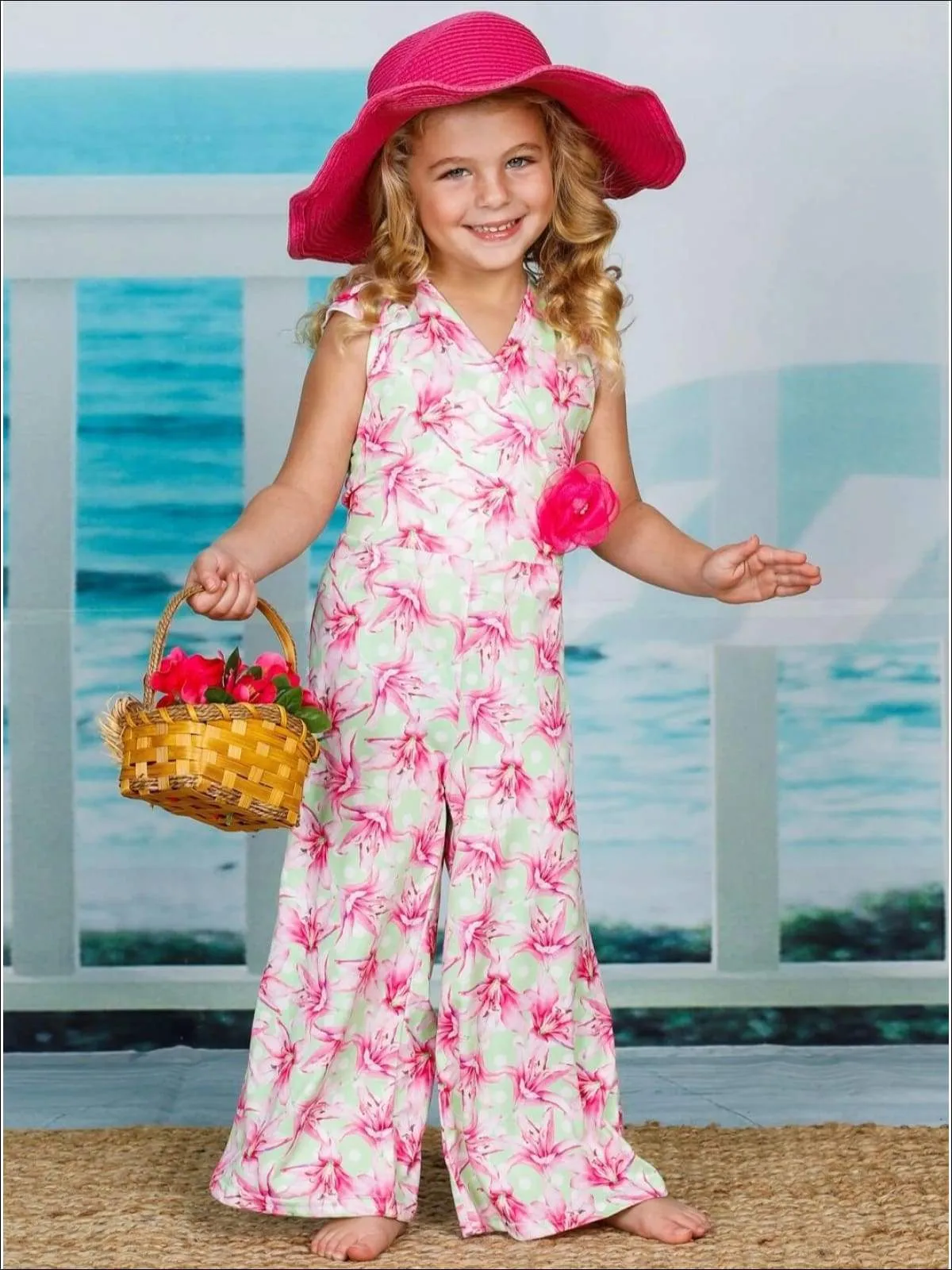 Girls Cap Sleeve Faux Wrap Palazzo Jumpsuit With Flower Clip