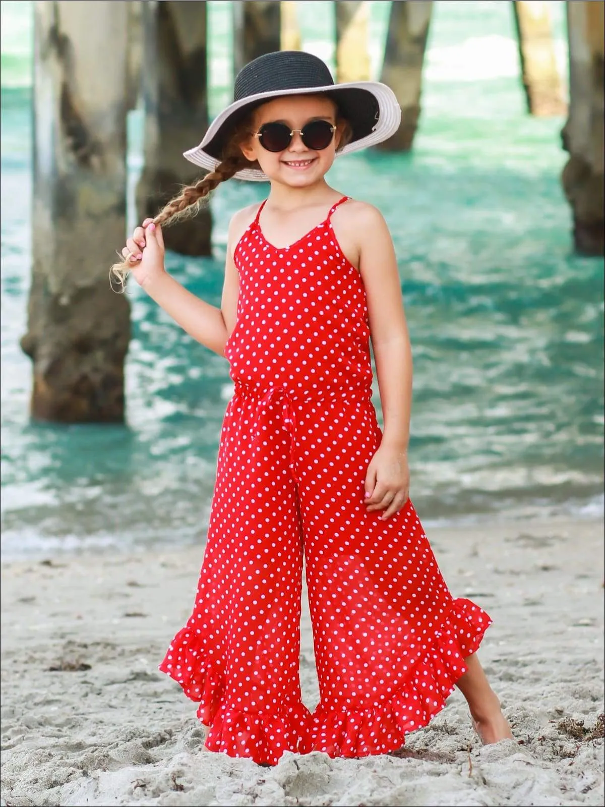 Girls Polka Dot Drawstring Ruffled Palazzo Jumpsuit