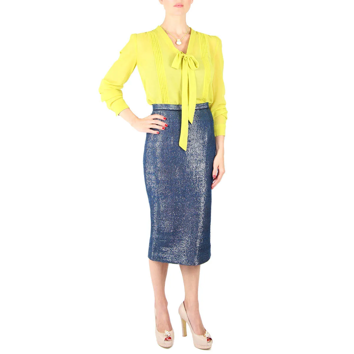 Handwoven Blue Metallic Pencil Skirt