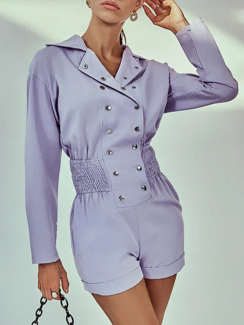 High street long sleeves women romper 2022 Summer casual pocket jumpsuit Elastic wasit chic lapel double breasted romper