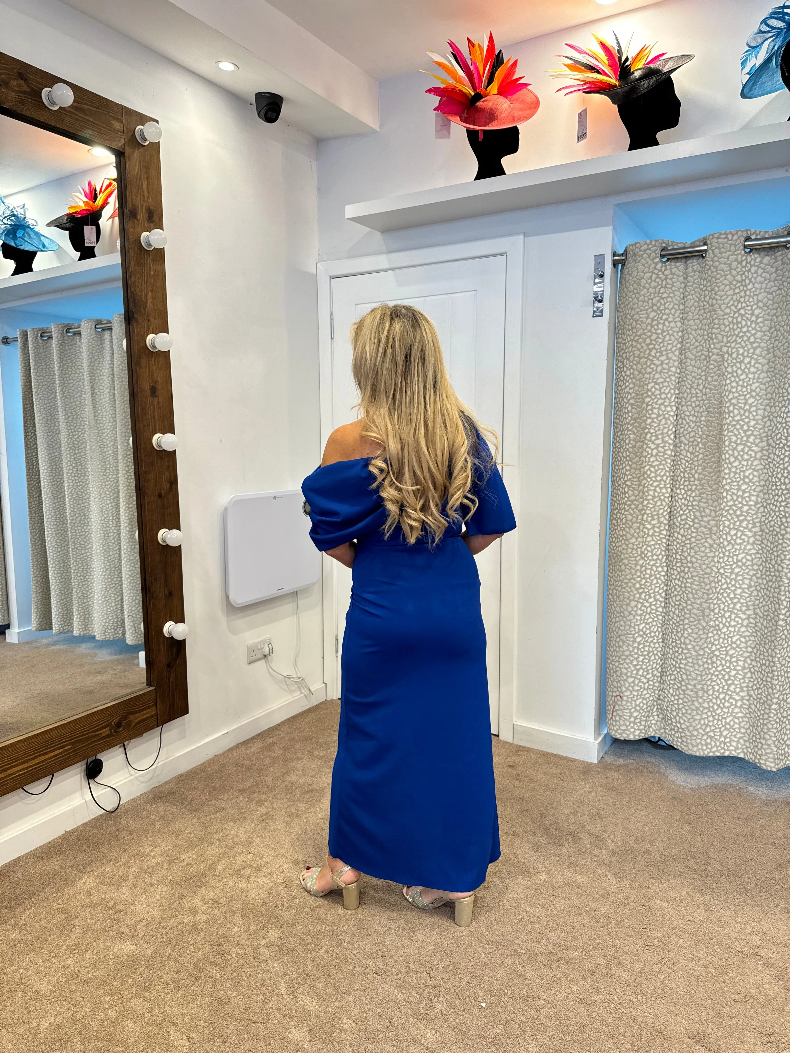 Holly on off shoulder dip hemline midi dress royal