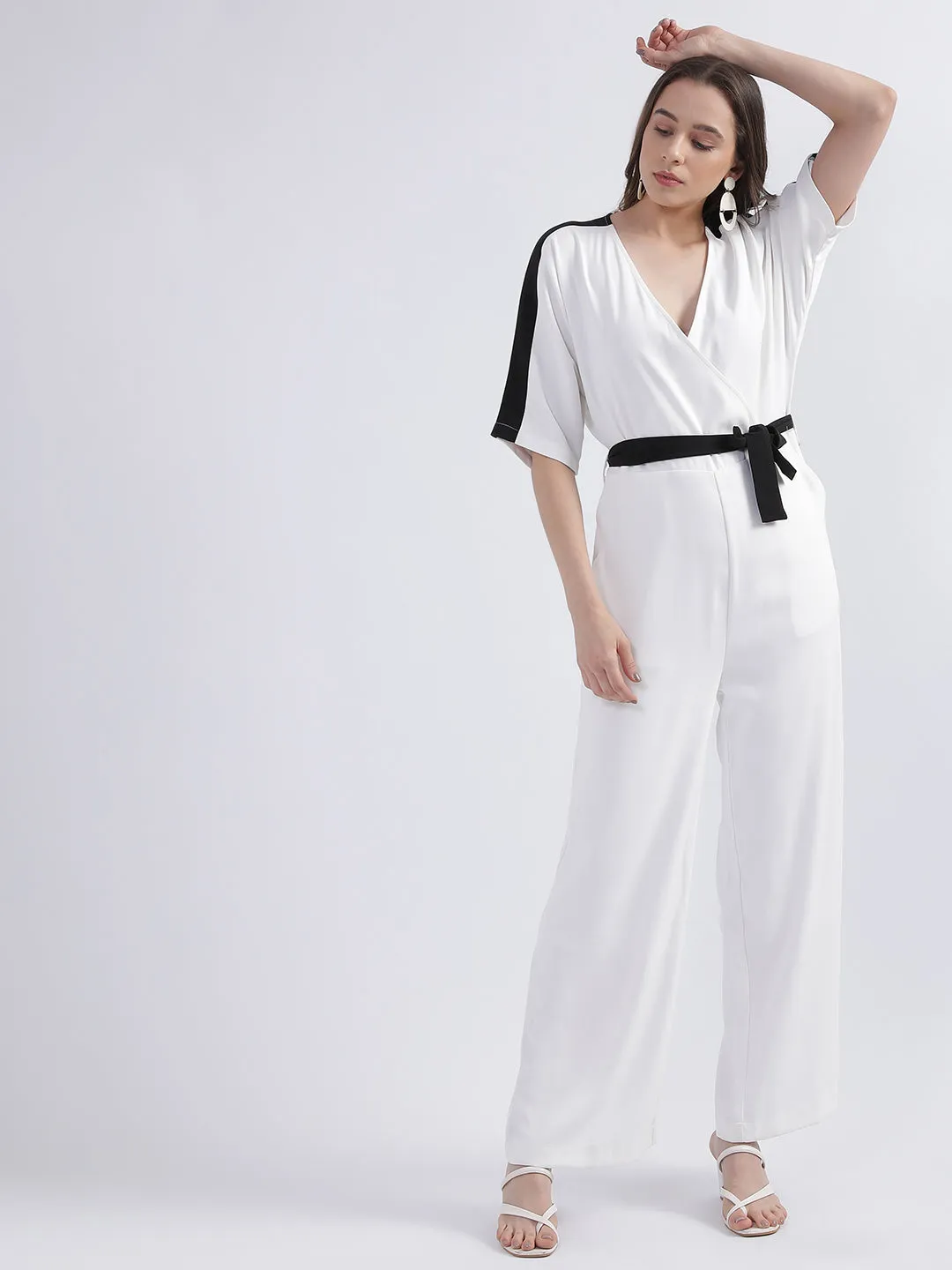 Iconic Women White Solid V-Neck Short Sleeves Jumpsuit